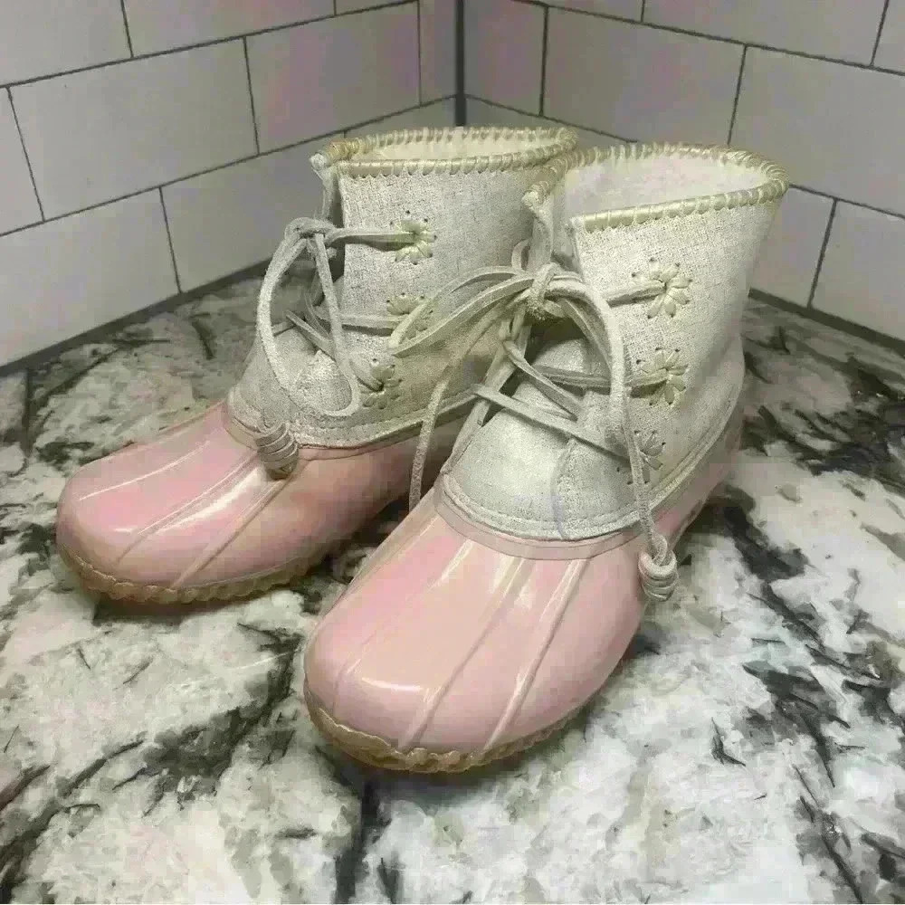 Jack Rogers Chloe Blush Metallic Rain Duck Boots Women's 7M NWOB Sherpa Lining